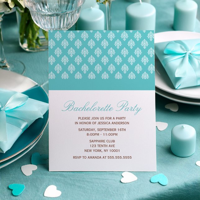 Something Blue Damask Pattern Bachelorette Party Invitation (Creator Uploaded)