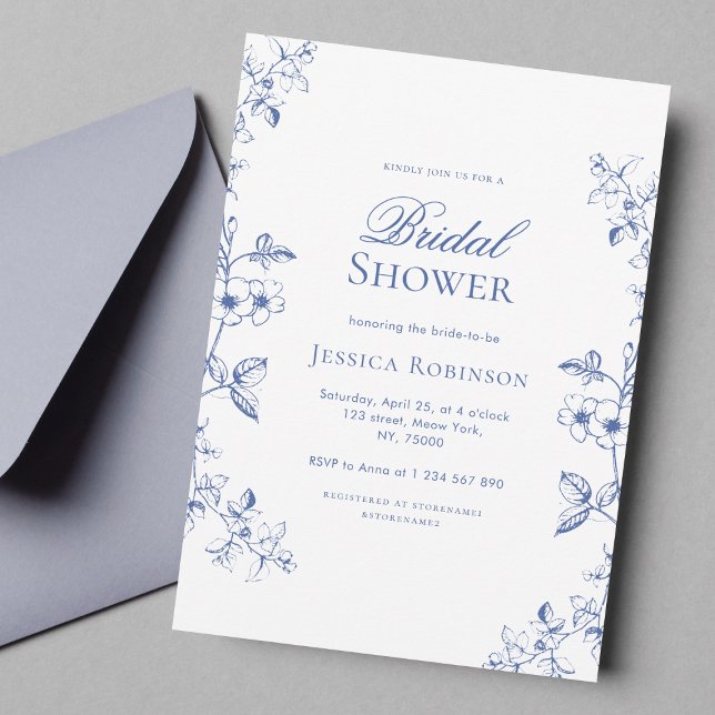 Something Blue Drawn Vintage Flowers Bridal Shower Invitation (Creator Uploaded)