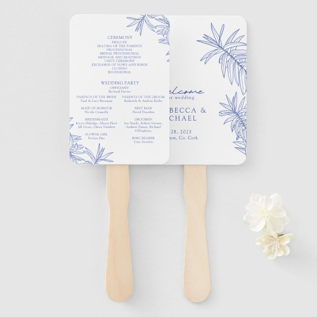 Something Blue Elegant Botanical Order of Service Hand Fan (Front and Back)