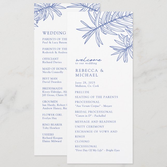 Something Blue Elegant Botanical Wedding Programme (Front/Back)