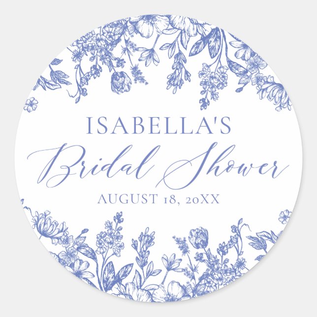 Something Blue Floral Chinoiserie Bridal Shower Classic Round Sticker (Front)