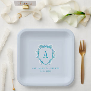 Something Blue Floral Crest Monogram Bridal Shower Paper Plate