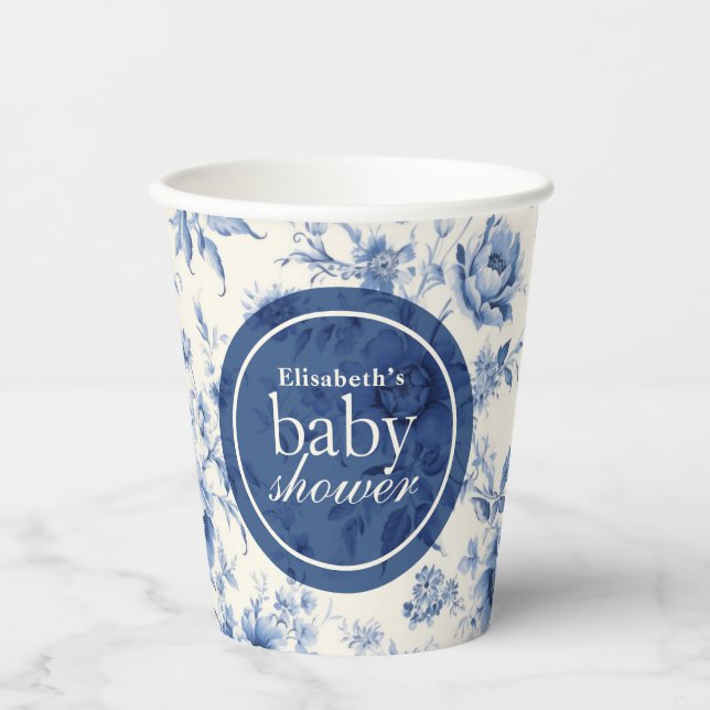 Something Blue Floral French Toile Baby Shower Paper Cups (Front)