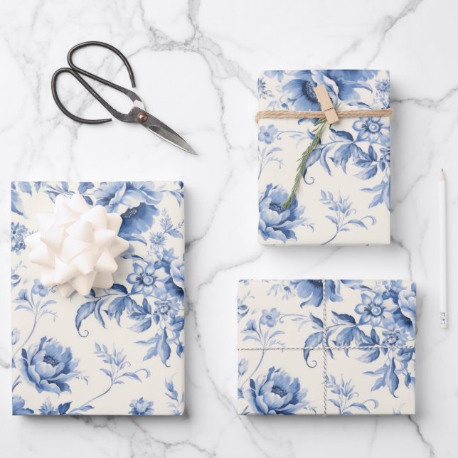Something Blue Floral French Toile Chinoiserie Wrapping Paper Sheet (Front)