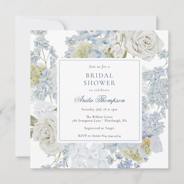 Something Blue Floral Ribbon Bridal Shower Invitation (Front)