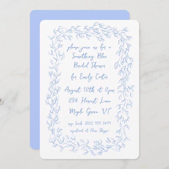 Something Blue Hand Drawn Botanical Frame Elegant Invitation (Front/Back)