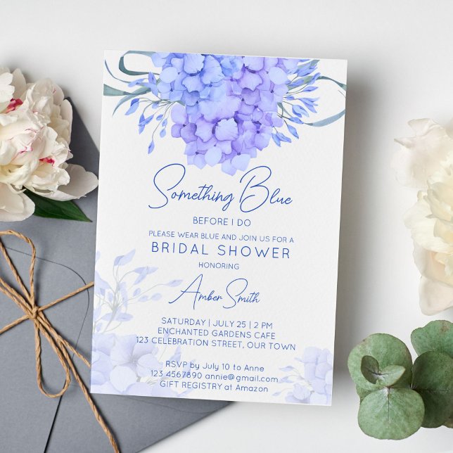 Something blue hydrangea bridal shower floral invitation (Something blue before I do bridal shower invitation blue hydrangea floral botanical invitation)