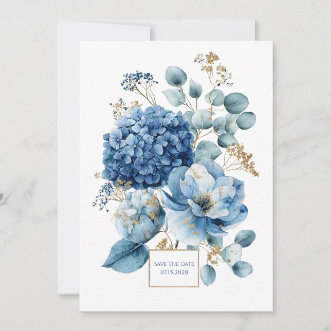 Something Blue Hydrangea Gold Glitter Wedding Invitation (Front)
