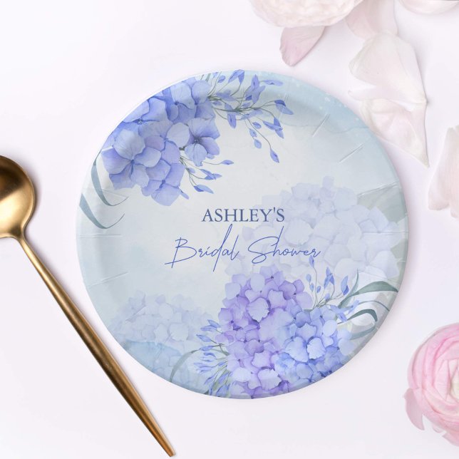 Something blue hydrangeas elegant bridal shower paper plate (Something blue before i do bridal shower blue hydrangeas personalized floral paper plates)