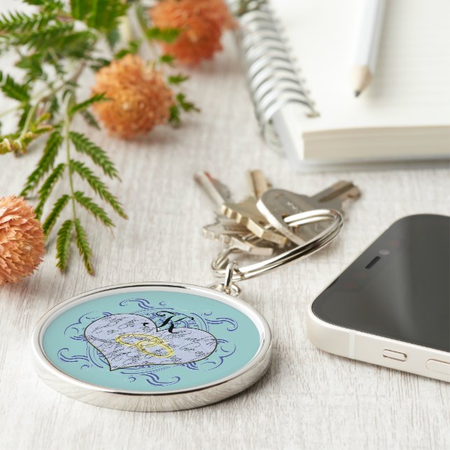 Something Blue Monogram Wedding Vow Heart Key Ring (Side)