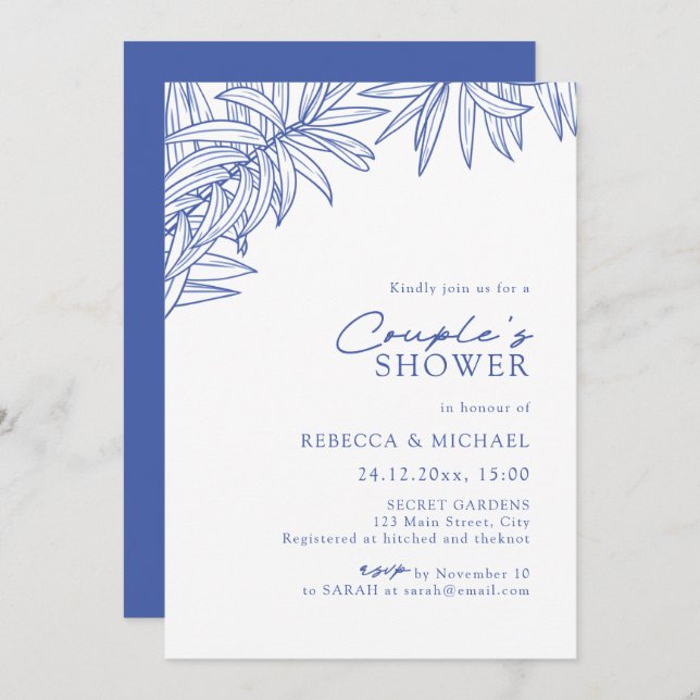 Something Blue Simple Botanical Couple's Shower Invitation (Front/Back)