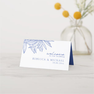 Something Blue Simple Hand Drawn Botanical Folded  Place Card