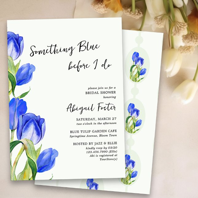 Something Blue Spring Tulip Flowers Bridal Shower Invitation (Something Blue Bridal Shower Invitation with blue tulips)