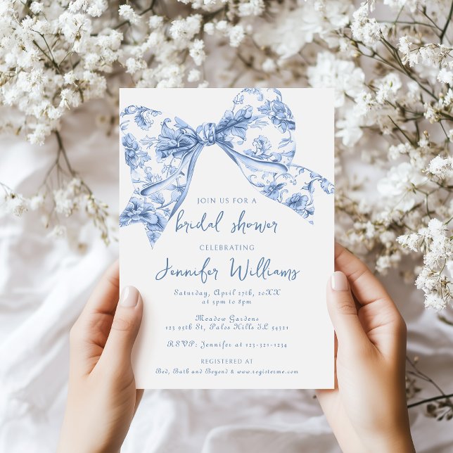 Something Blue Toile Bow Coquette Bridal Shower Invitation (Creator Uploaded)