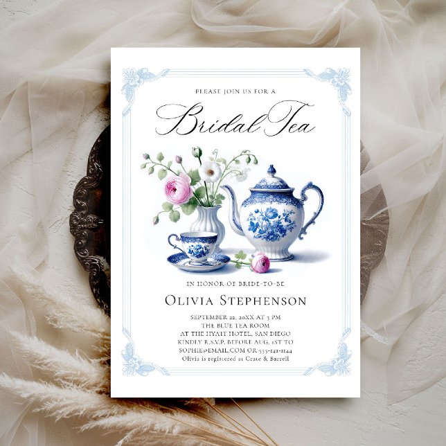 Something Blue Toile Frame Flora Bridal Tea Shower Invitation (bridal tea invitation toile chinoiserie blue frame tea set roses floral flower elegant modern classy)