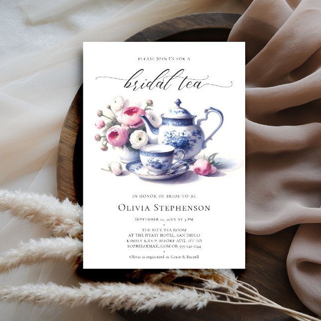 Something Blue Toile Roses Chic Bridal Tea Shower Invitation (bridal tea invitation toile chinoiserie blue delft roses floral flower elegant modern classic chic)