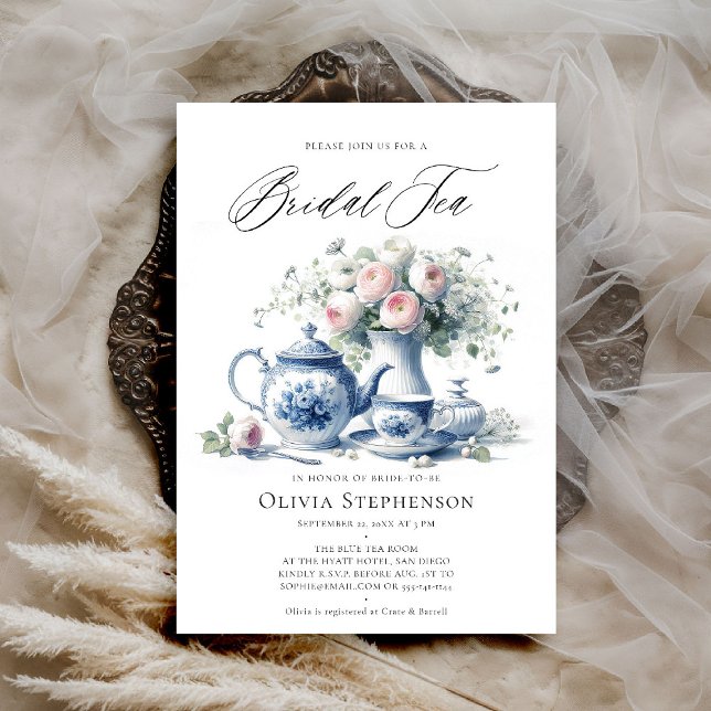 Something Blue Toile Tea Set Bridal Tea Shower Invitation (bridal tea invitation toile chinoiserie blue tea set roses floral flower elegant modern classic chic)