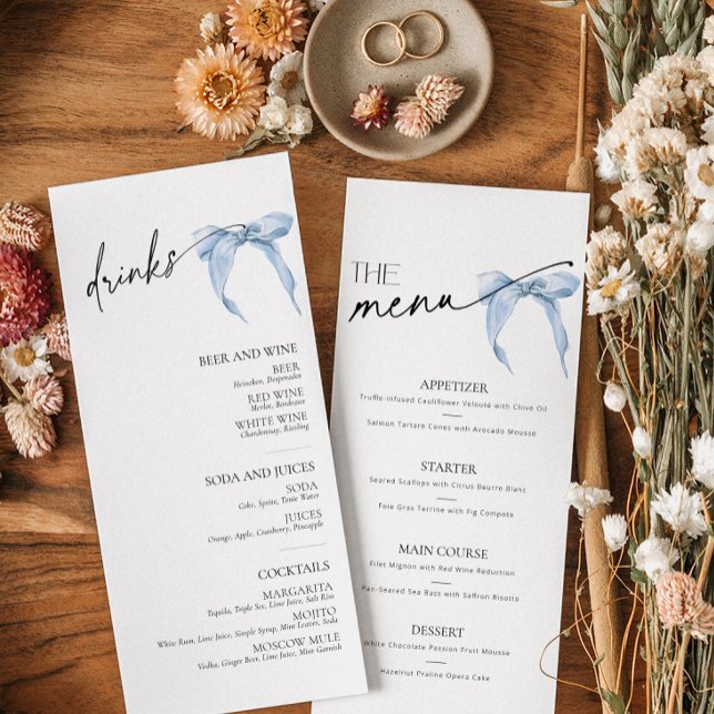 Something Blue Tying the Knot Bridal Shower Menu (Something blue before I do coquette bow menu and drinks cards)