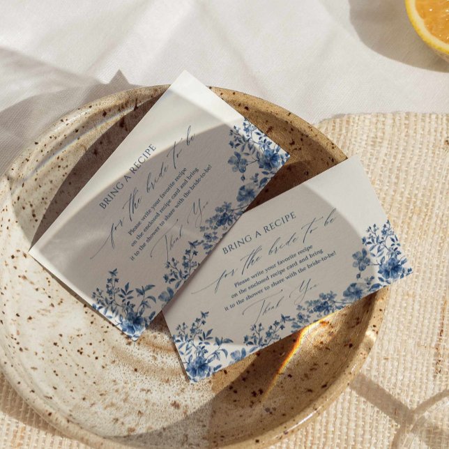 Something Blue Vintage Floral Recipe Request Card (bring a recipe card for the bride to be blue floral card, blue chinoiserie bridal shower enclosure)
