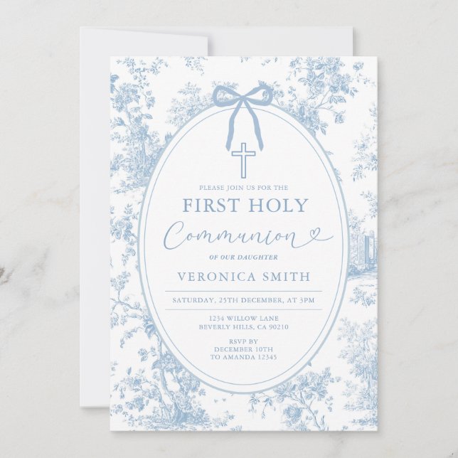Something Blue Vintage Toile First Holy Communion Invitation (Front)