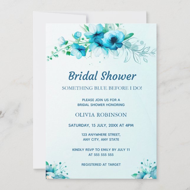 Something Blue Watercolor Floral Bridal Shower  Invitation (Front)
