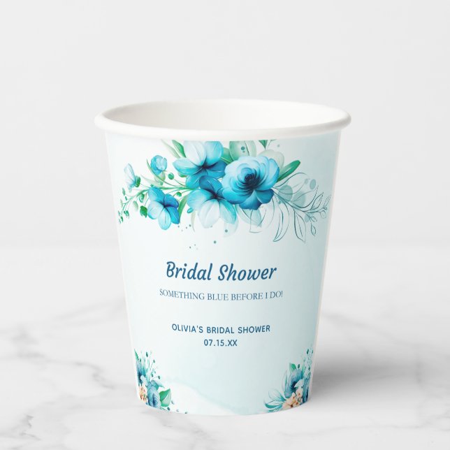 Something Blue Watercolor Floral Bridal Shower  Paper Cups (Front)