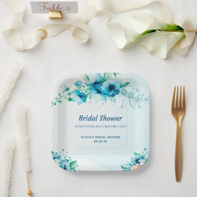 Something Blue Watercolor Floral Bridal Shower  Paper Plate (Wedding)