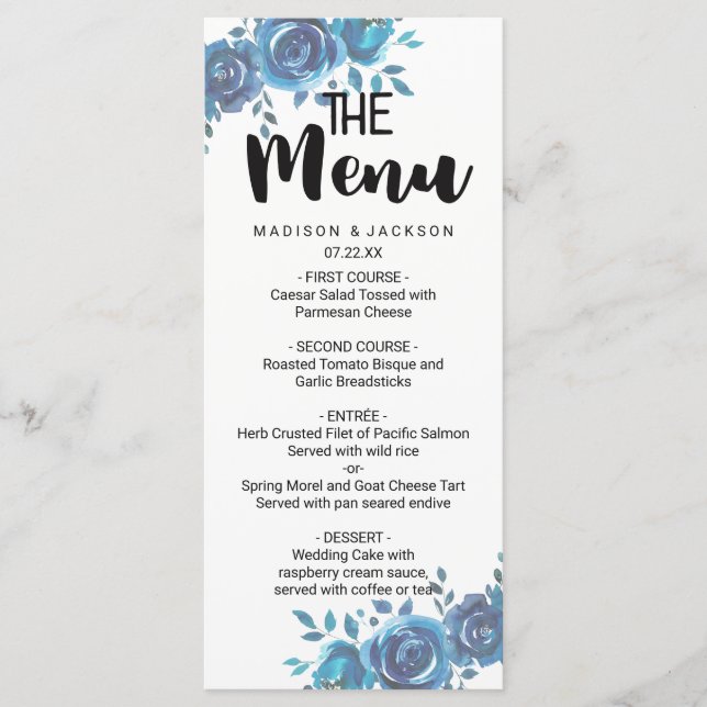 Something Blue Watercolor Floral Wedding Menu (Front)
