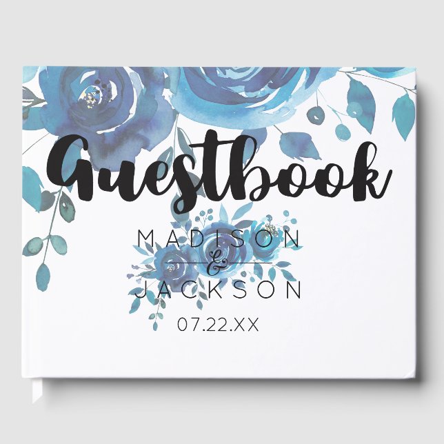 Something Blue Watercolor Floral Wedding Monogram Guest Book (Front)