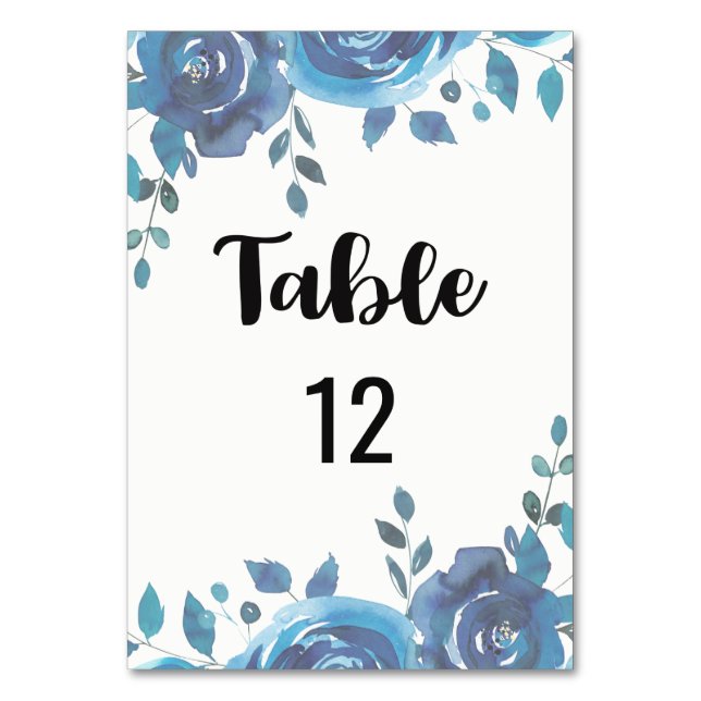 Something Blue Watercolor Floral Wedding Table Number (Front)