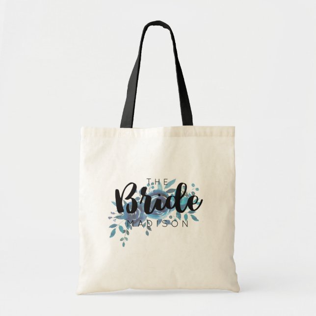 Something Blue Watercolor Rose Wedding Bride Tote Bag (Front)
