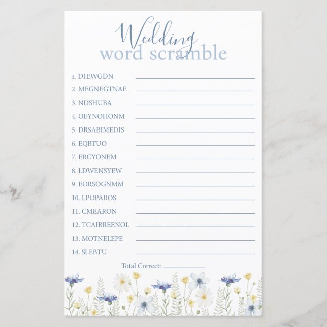 Something Blue Wedding Word Scramble (Front)
