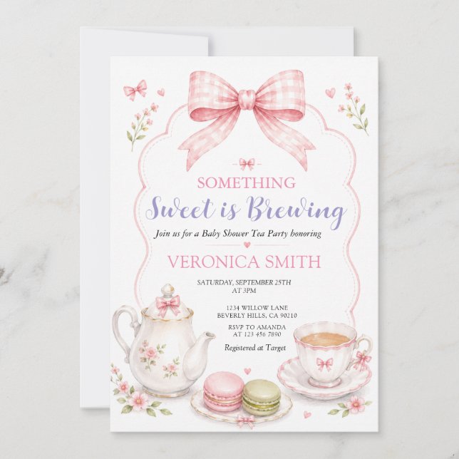 Something Sweet is Brewing Pink Bow Baby Shower Invitation (Front)