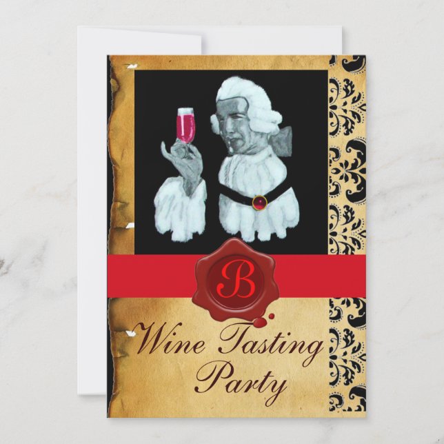 SOMMELIER WINE TASTING PARTY RED WAX SEAL MONOGRAM INVITATION (Front)