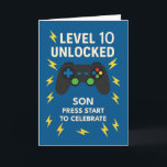 Son 10th Birthday Game Controller Age 10 Unlocked Card<br><div class="desc">A milestone birthday deserves a power-up! This gaming-themed card is perfect for your son turning 10. With “Level 10 Unlocked” in bold white text, a game controller, and energetic yellow lightning bolts on a bright blue background, it’s designed to wow young gamers. Inside, the message praises his adventurous heart and...</div>