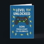 Son 11th Birthday Game Controller Age 11 Unlocked Card<br><div class="desc">Game on—your son just hit Level 11! This high-energy birthday card features a colourful game controller on a bold blue backdrop with lightning bolts that match his growing spark. “Level 11 Unlocked” leads the way, while the heartfelt inside message cheers him on with pride and playful encouragement. A perfect pick...</div>