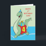Son, 4th Birthday Dinosaur Card<br><div class="desc">The green dinosaur is happily running on the cover of this card,  excited to get his gift to your son who will be celebrating his 4th birthday. Shoot your son this card so he can have the gigantic dino’s surprise for him.</div>