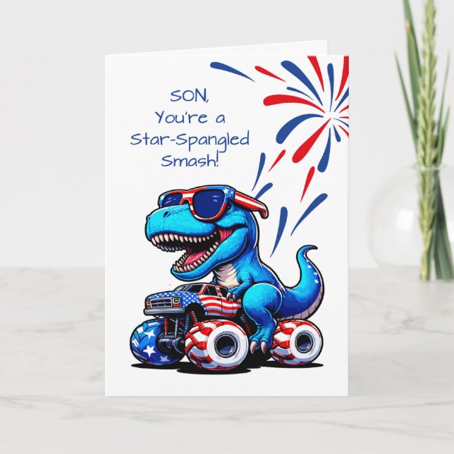 Son 4th of July Dinosaur T-Rex Monster Truck Card (Front)
