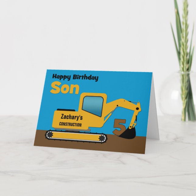Son 5th Birthday Yellow Excavator Add Name Card (Front)
