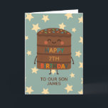 Son 7th Birthday Cute Custom Choco Cake Card<br><div class="desc">Celebrate your son's big day with this adorable 7th birthday card featuring a cute smiling choco cake character illustration, colourful sprinkles, and a cheerful “Happy Birthday” message. Set against a playful star background, this card is perfect for kids who love fun, silly, and sweet designs. Personalise it with your child’s...</div>