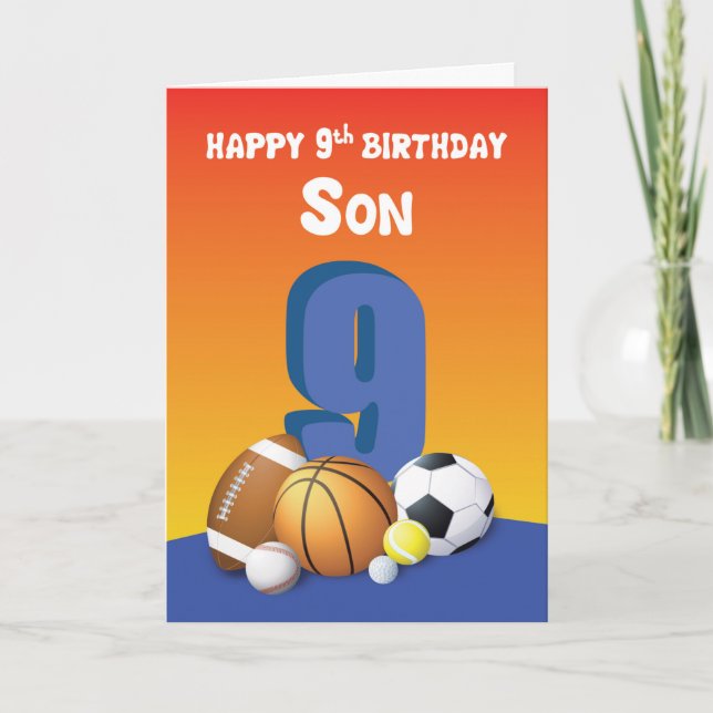 Son 9th Birthday Sports Balls Card (Front)