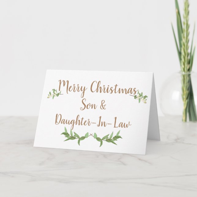 Son and Daughter In Law Green Leaves Christmas Holiday Card (Front)