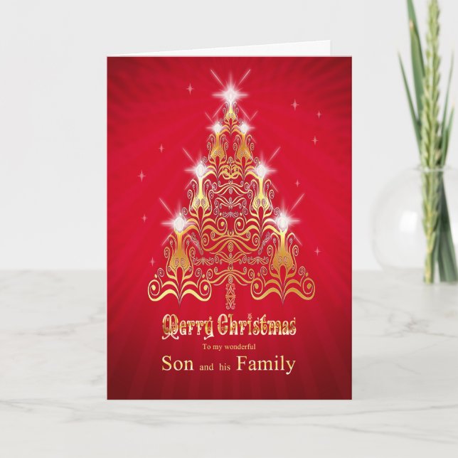 Son and family, Christmas tree Christmas card (Front)