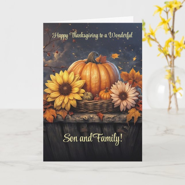 Son and Family Thanksgiving with Flowers Pumpkins  Card (Yellow Flower)
