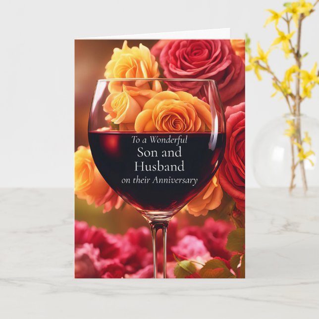 Son and Husband Happy Anniversary with Red Wine Card (Yellow Flower)