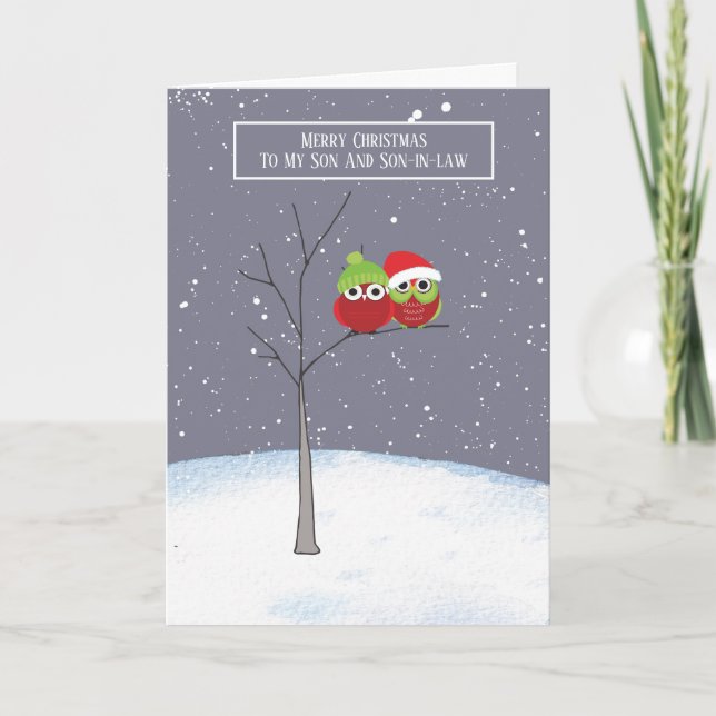 Son and Son-in-law Cute Owl Couple Christmas Card (Front)