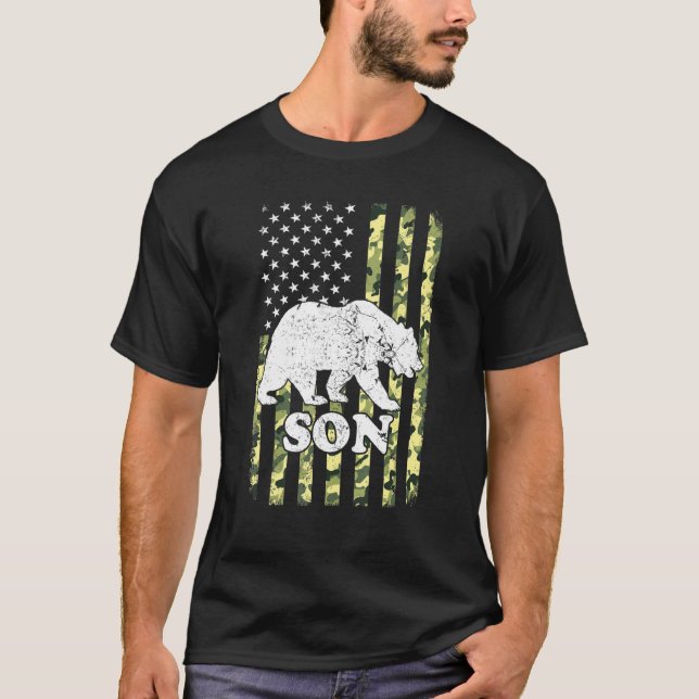 Son Bear Camping Hiking Camouflage Usa American Fl T-Shirt (Front)