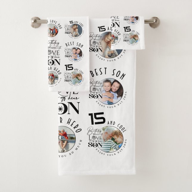 Son Birthday 8 Photo Collage Typography  Bath Towel Set (Insitu)