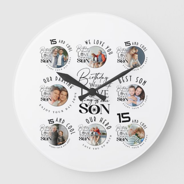 Son Birthday 8 Photo Collage Typography  Large Clock (Front)