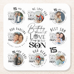 Son Birthday 8 Photo Collage Typography Square Paper Coaster